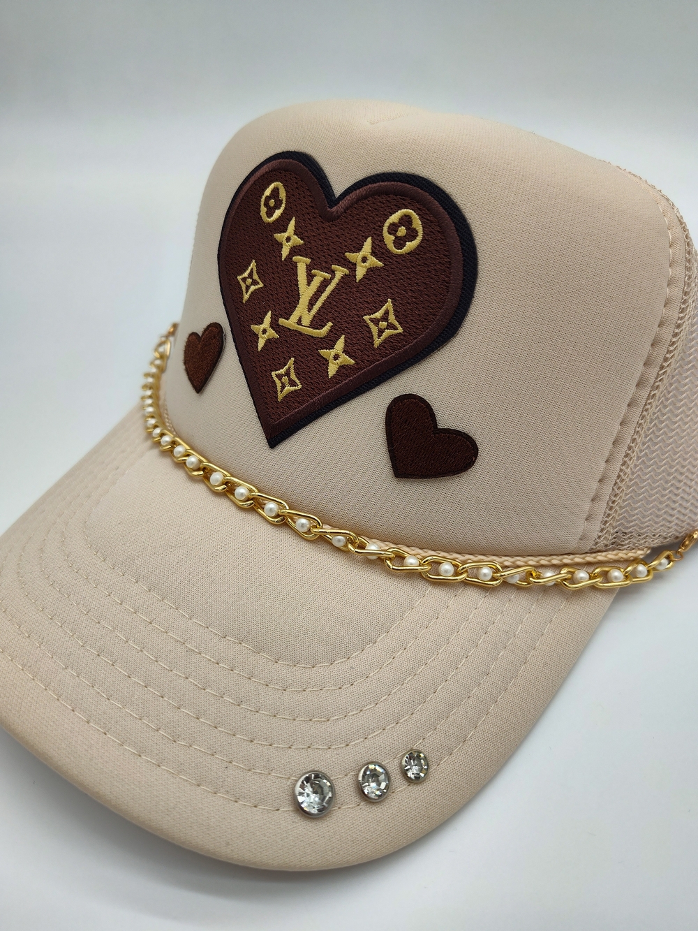 Handmade LV Monogram Heart Custom Trucker Hat Pearl Chain Crystal Beige